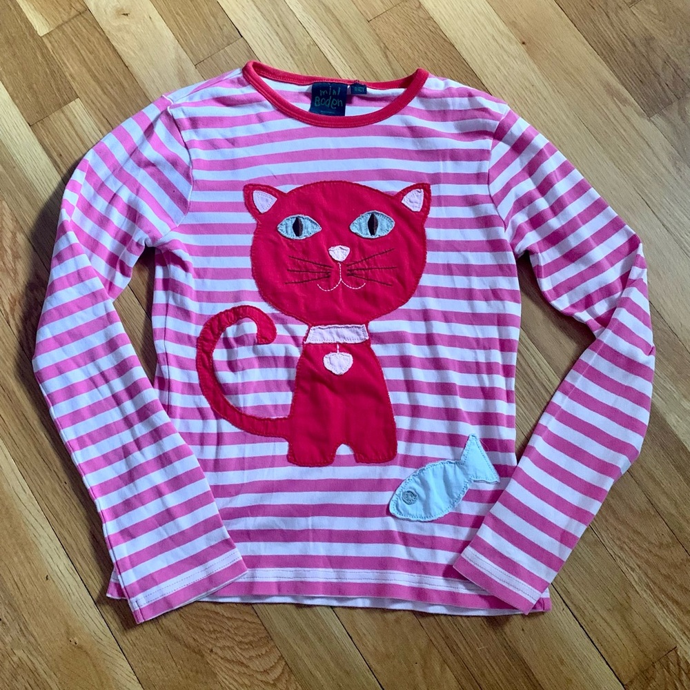 Mini Boden 11-12Y Girls Long Sleeve Striped T-Shirt with Cat/Fish Appliqués - Picture 5 of 5